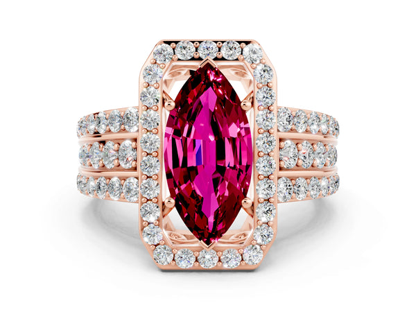 Rose gold Marquise Cut Halo Garnet Ring with Round  Split Shank and Prong Setting