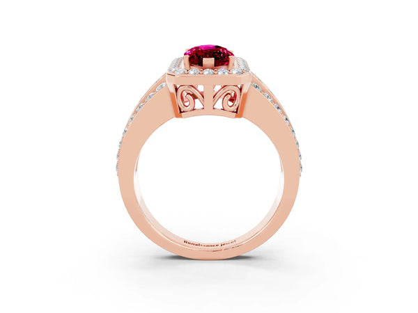 Rose gold Marquise Cut Halo Garnet Ring with Round  Split Shank and Prong Setting