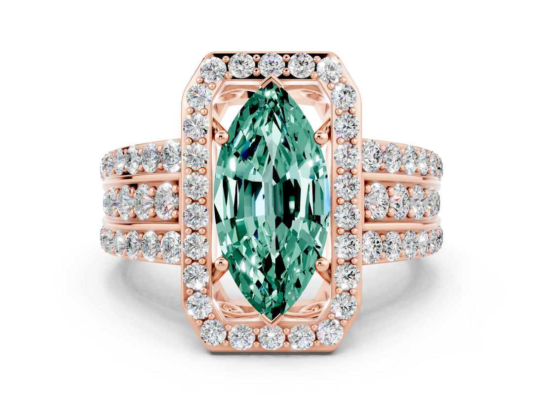 Rose gold Marquise Cut Halo Green Sapphire Ring with Split Shank and Four-Prong Setting