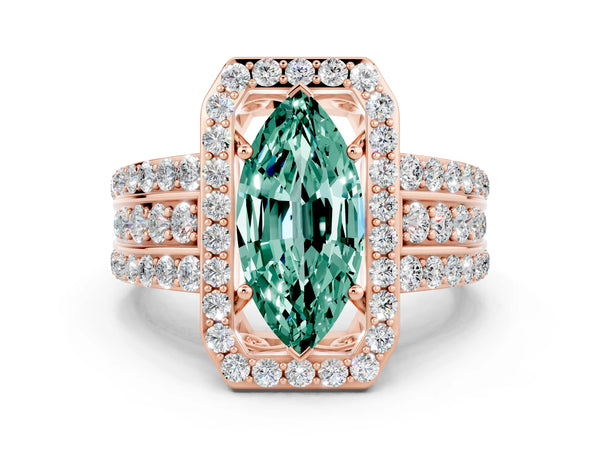 Rose gold Marquise Cut Halo Green Sapphire Ring with Round  Split Shank and Prong Setting