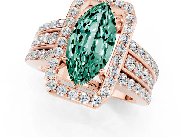 Rose gold Marquise Cut Halo Green Sapphire Ring with Round  Split Shank and Prong Setting