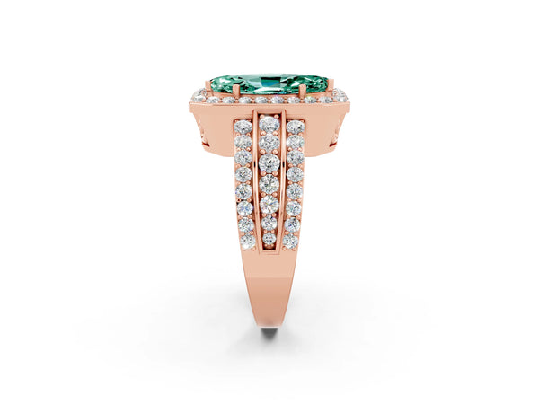 Rose gold Marquise Cut Halo Green Sapphire Ring with Round  Split Shank and Prong Setting