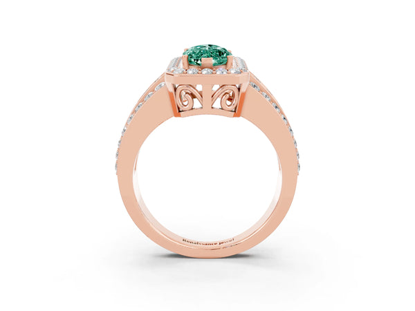 Rose gold Marquise Cut Halo Green Sapphire Ring with Round  Split Shank and Prong Setting
