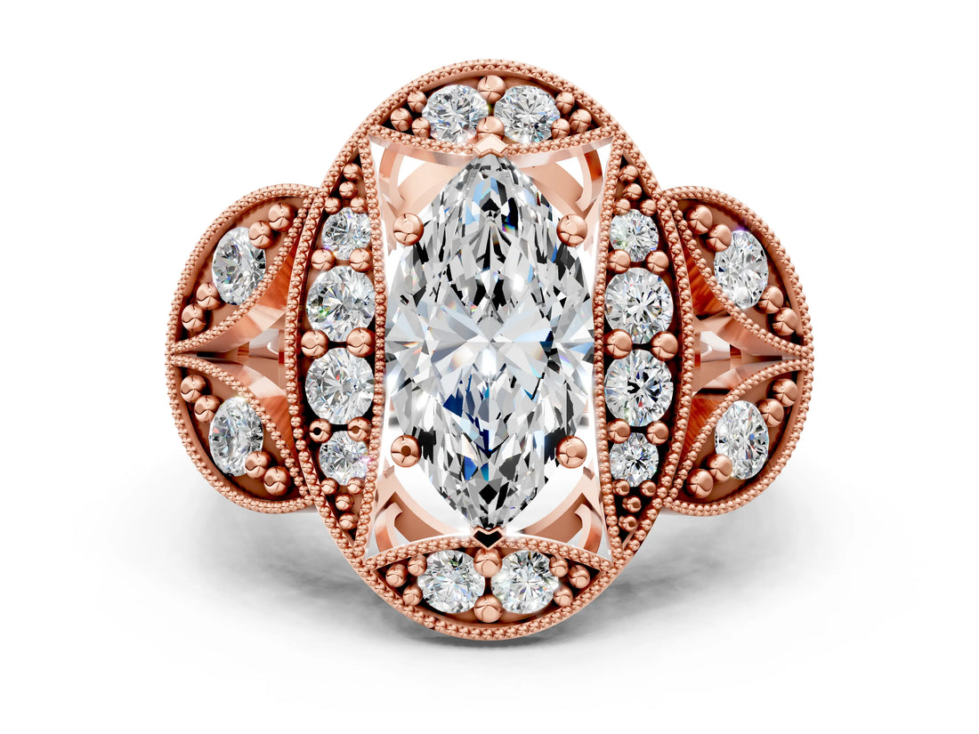 Rose gold Marquise Cut Halo Milgrain Diamond Engagement Ring with Leaf Band and Four-Prong Setting_3