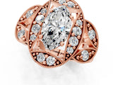 Rose gold Marquise Cut Halo Milgrain Diamond Engagement Ring with Leaf Band and Four-Prong Setting_4