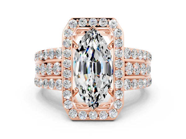 Rose gold Marquise Cut Halo Moissanite Ring with Round  Split Shank and Prong Setting