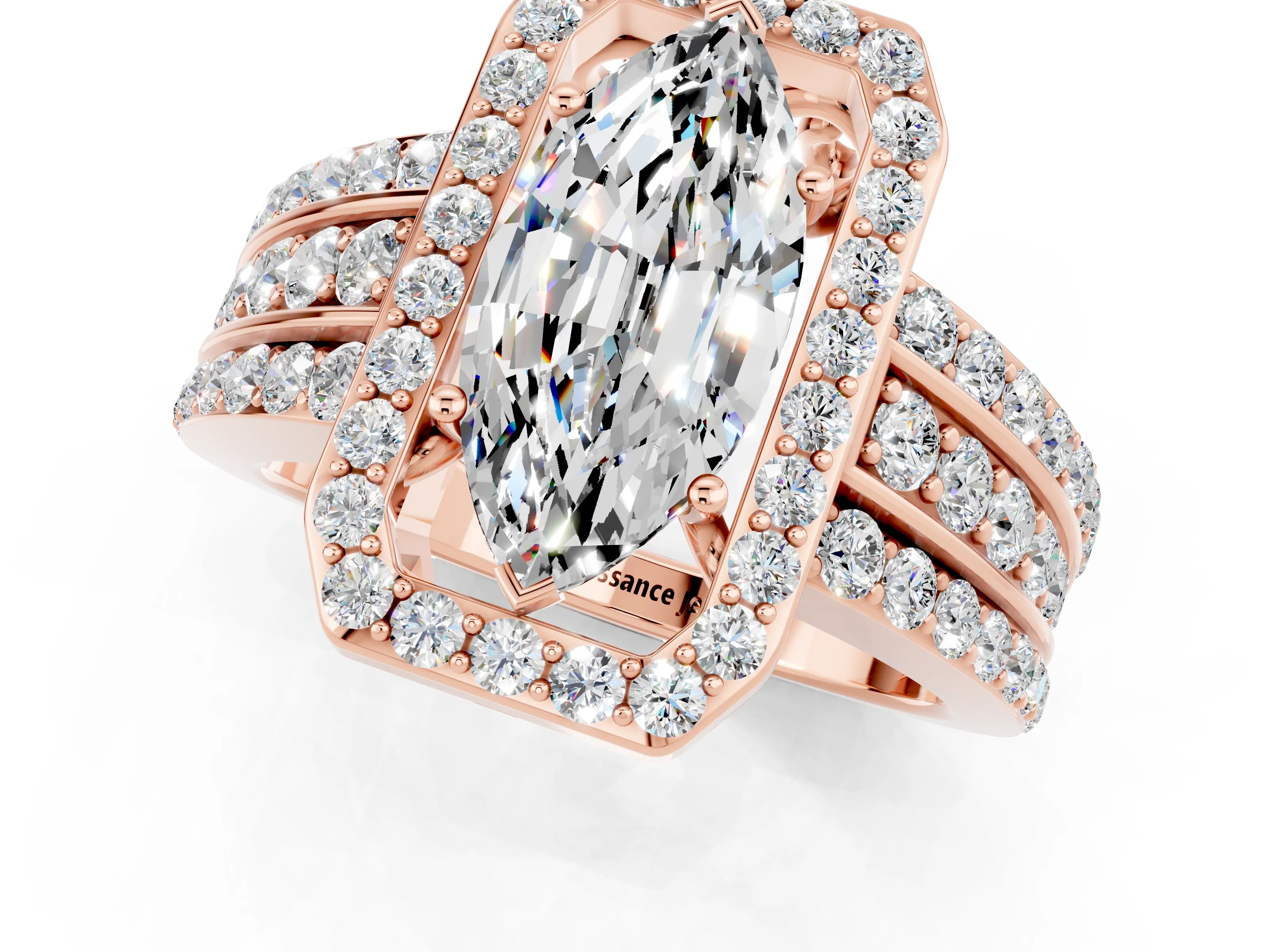 Rose gold Marquise Cut Halo Moissanite Ring with Split Shank and Four-Prong Setting_1