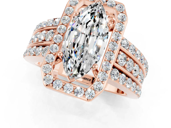 Rose gold Marquise Cut Halo Moissanite Ring with Round  Split Shank and Prong Setting
