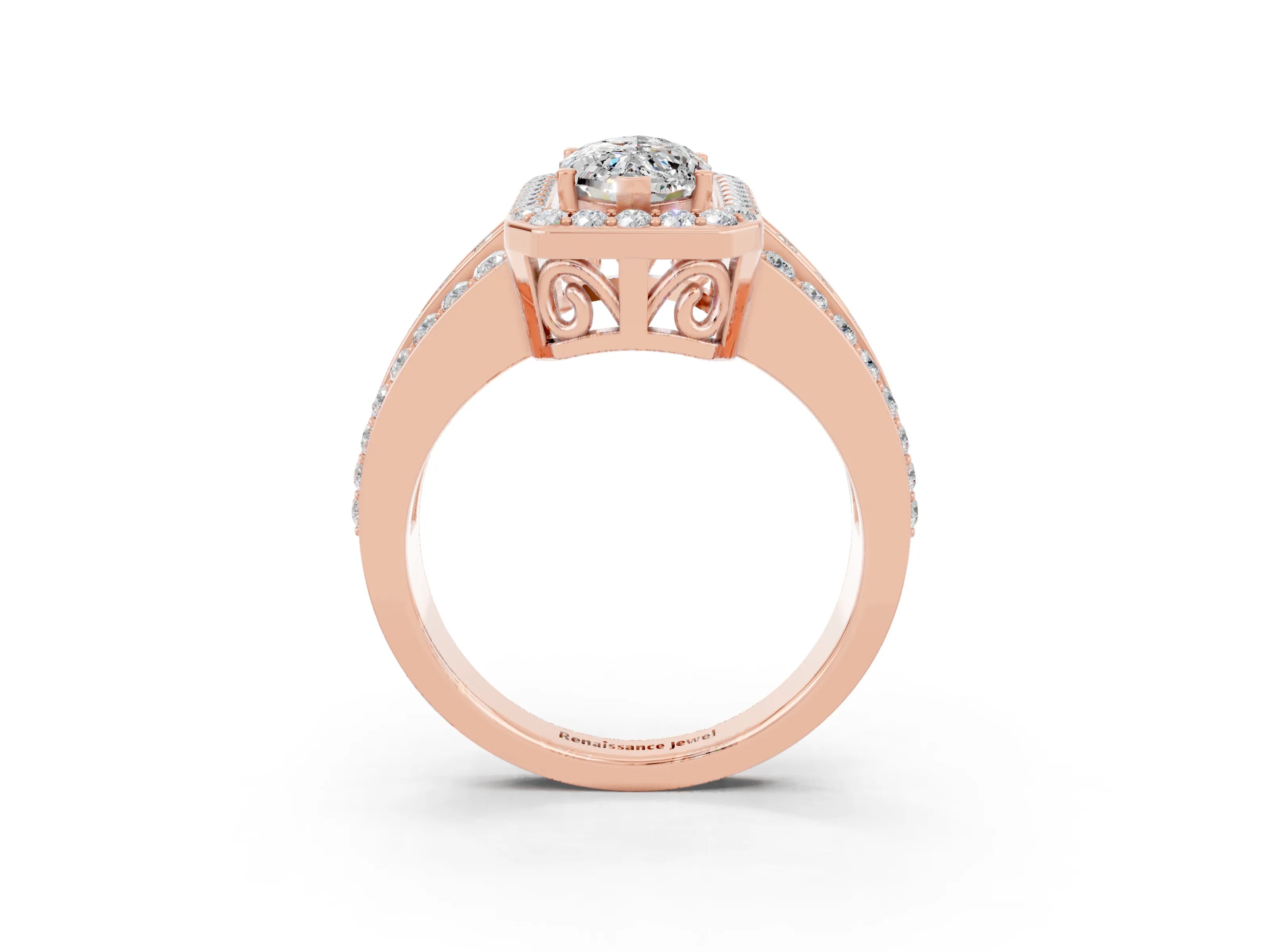 Rose gold Marquise Cut Halo Moissanite Ring with Split Shank and Four-Prong Setting_3