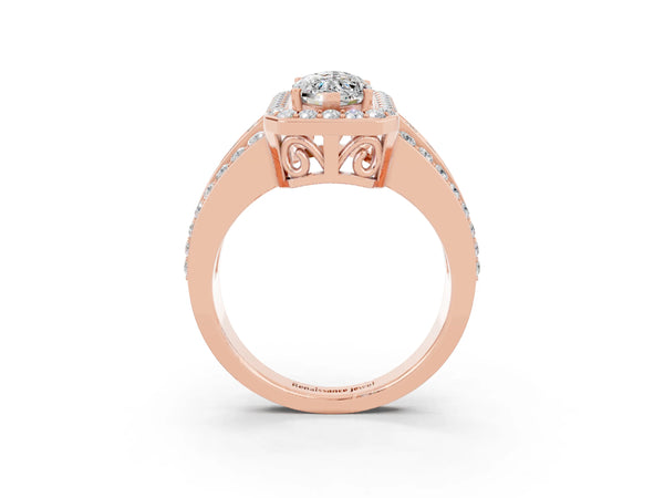 Rose gold Marquise Cut Halo Moissanite Ring with Round  Split Shank and Prong Setting