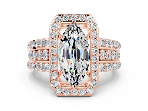 Rose gold Marquise Cut Halo Moissanite Ring with Split Shank and Four-Prong Setting