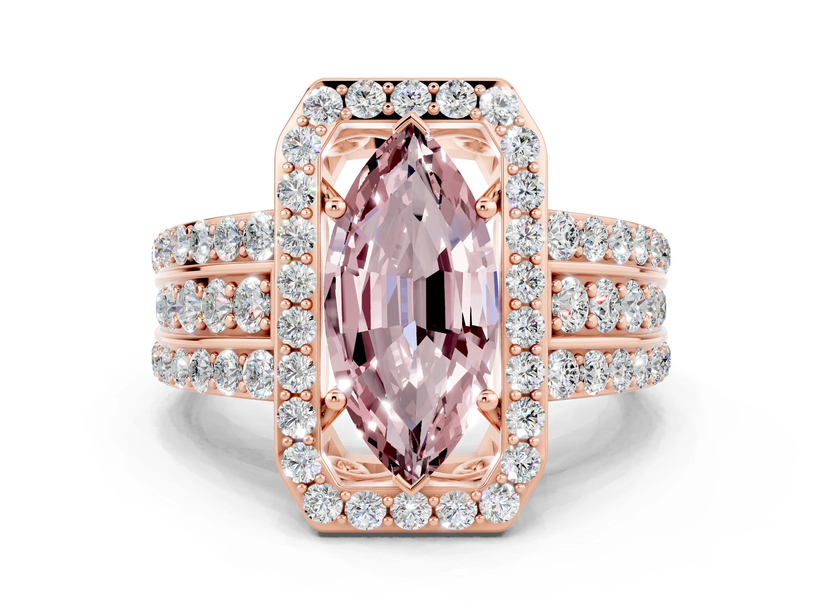 Rose gold Marquise Cut Halo Morganite Ring with Split Shank and Four-Prong Setting