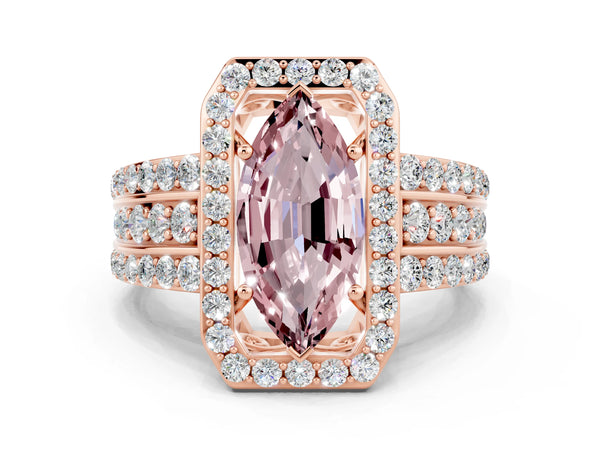 Rose gold Marquise Cut Halo Morganite Ring with Round  Split Shank and Prong Setting