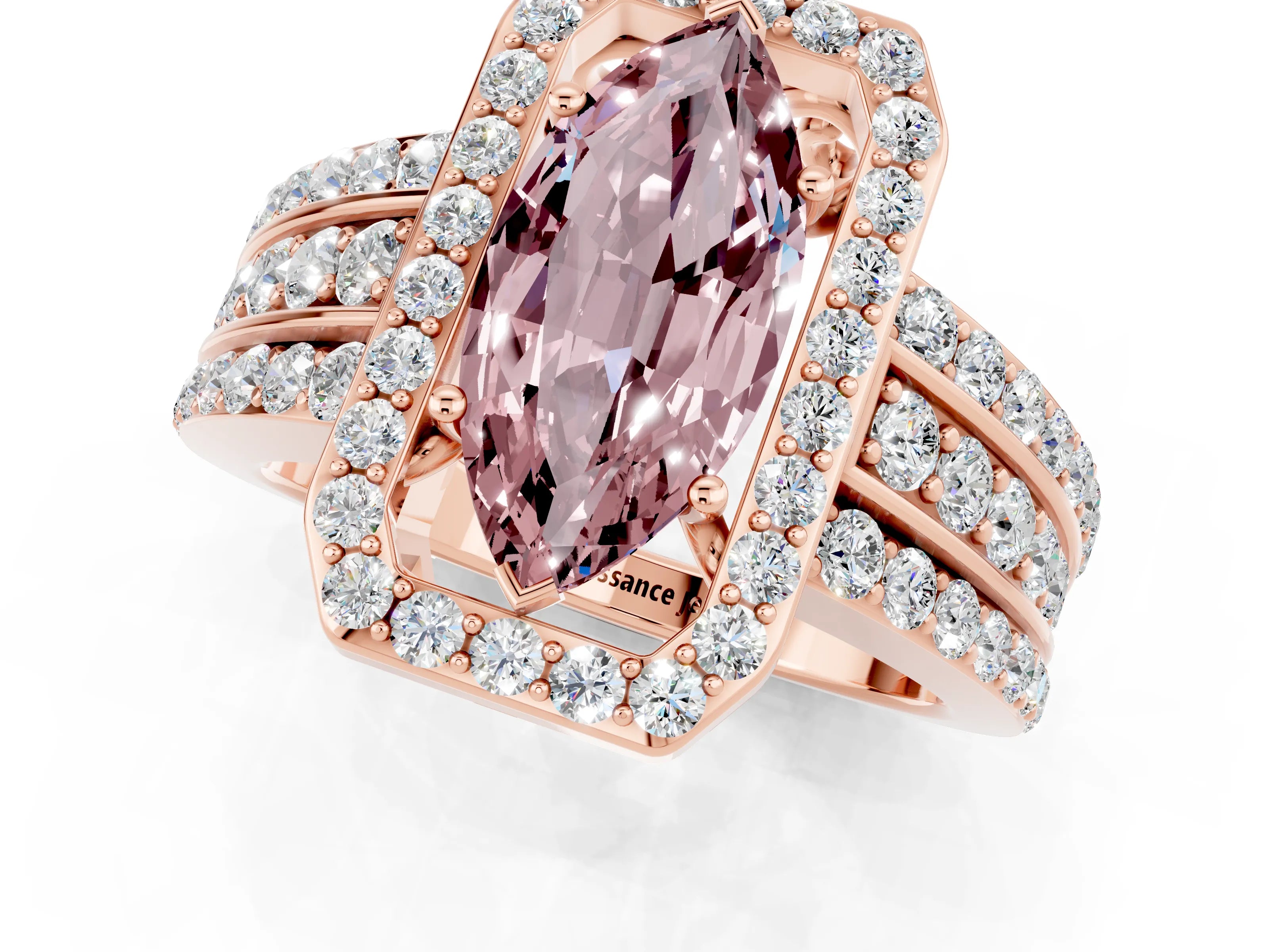 Rose gold Marquise Cut Halo Morganite Ring with Split Shank and Four-Prong Setting_1