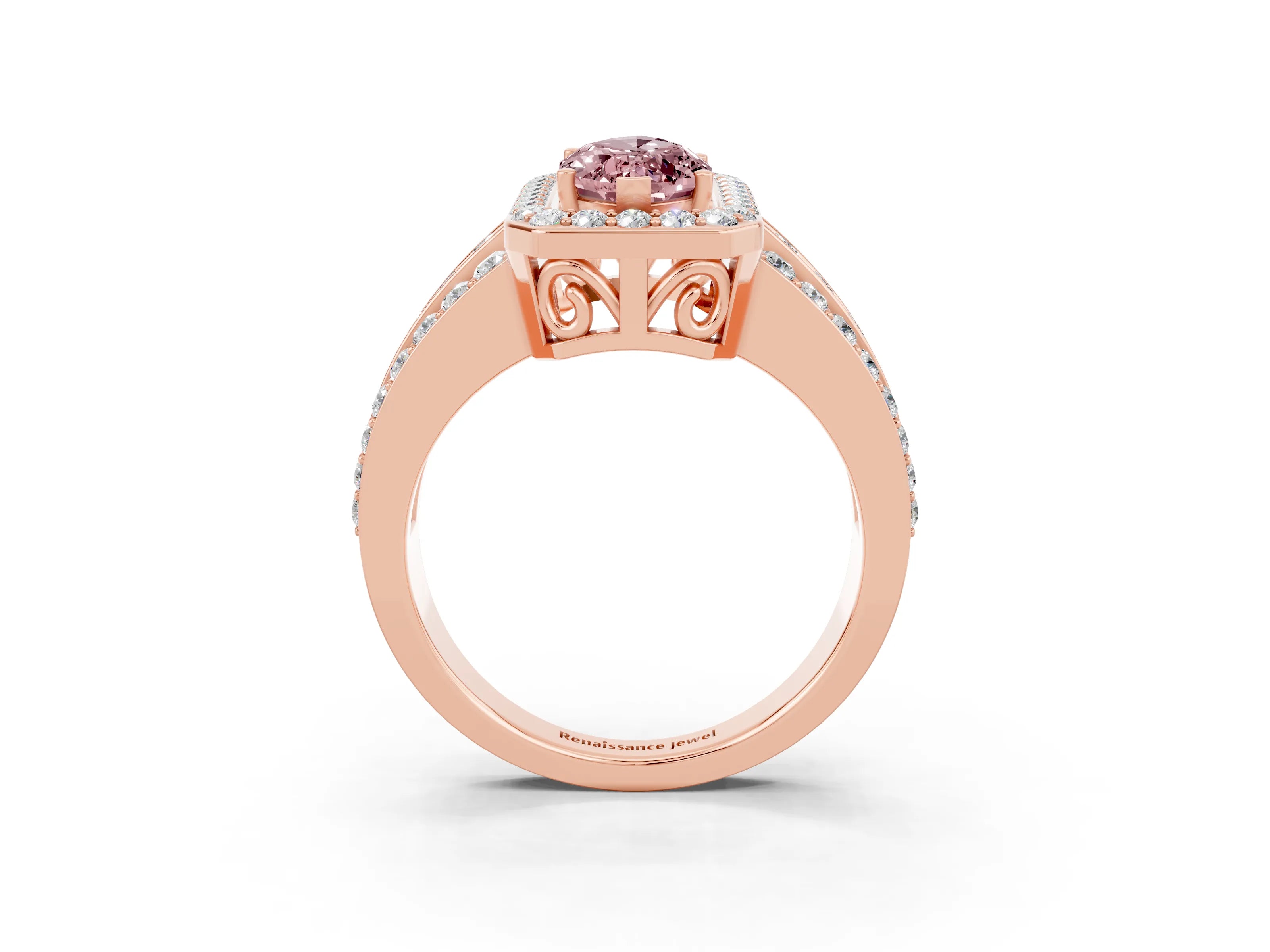Rose gold Marquise Cut Halo Morganite Ring with Split Shank and Four-Prong Setting_3