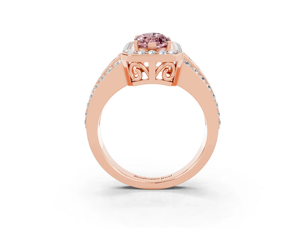 Rose gold Marquise Cut Halo Morganite Ring with Round  Split Shank and Prong Setting