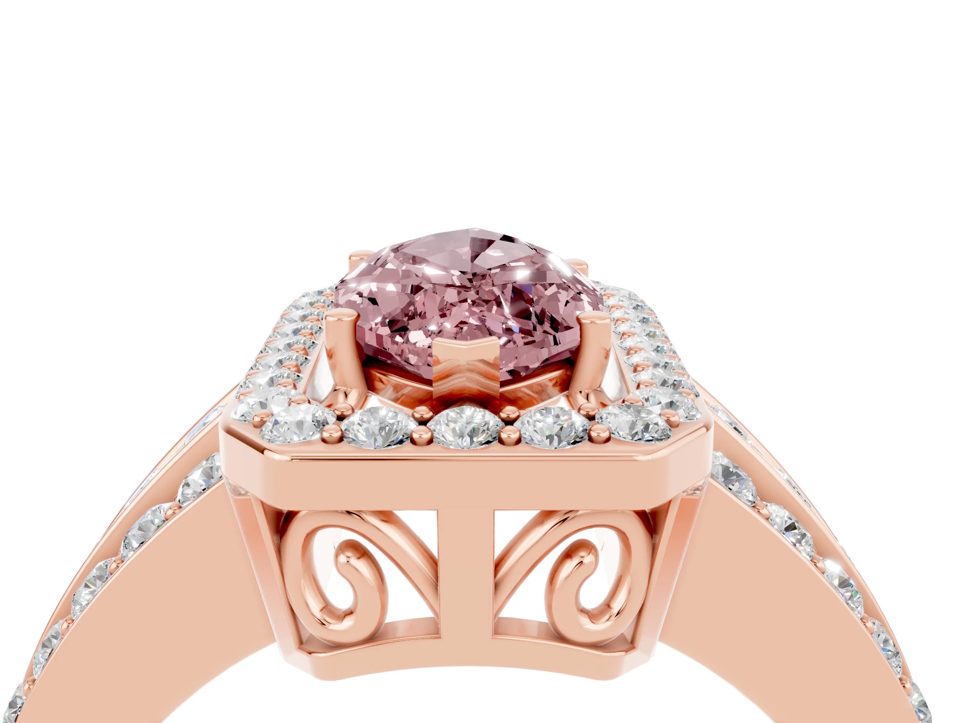 Rose gold Marquise Cut Halo Morganite Ring with Split Shank and Four-Prong Setting_4