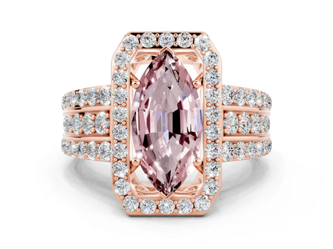 Rose gold Marquise Cut Halo Morganite Ring with Split Shank and Four-Prong Setting