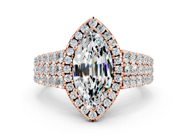 Rose gold Marquise Cut Moissanite Halo Engagement Ring with Triple Row Round Pavé Band and Prong Setting
