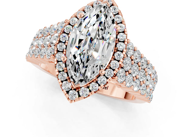 Rose gold Marquise Cut Moissanite Halo Engagement Ring with Triple Row Round Pavé Band and Prong Setting
