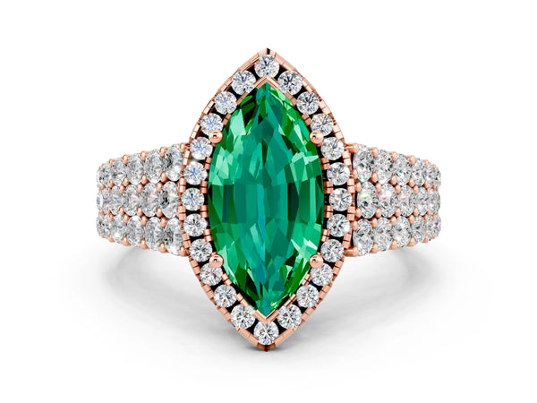 Rose gold Marquise Cut Emerald Halo Engagement Ring with Triple Row Round Pavé Band and Prong Setting