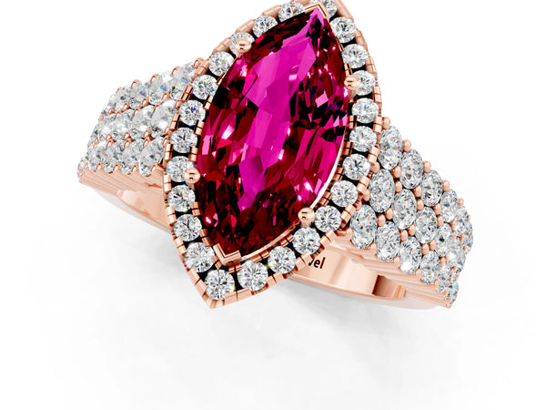 Rose gold Marquise Cut Garnet Halo Engagement Ring with Triple Row Round Pavé Band and Prong Setting