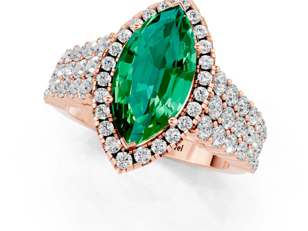 Rose gold Marquise Cut Emerald Halo Engagement Ring with Triple Row Round Pavé Band and Prong Setting