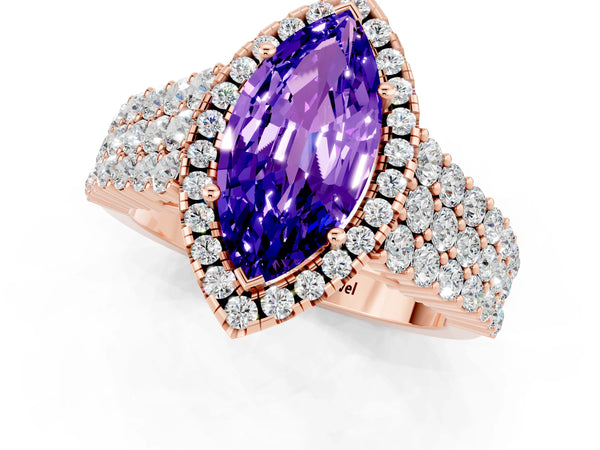 Rose gold Marquise Cut Tanzanite Halo Engagement Ring with Triple Row Round Pavé Band and Prong Setting
