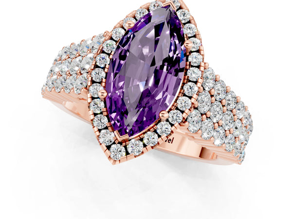 Rose gold Marquise Cut Amethyst Halo Engagement Ring with Triple Row Round Pavé Band and Prong Setting
