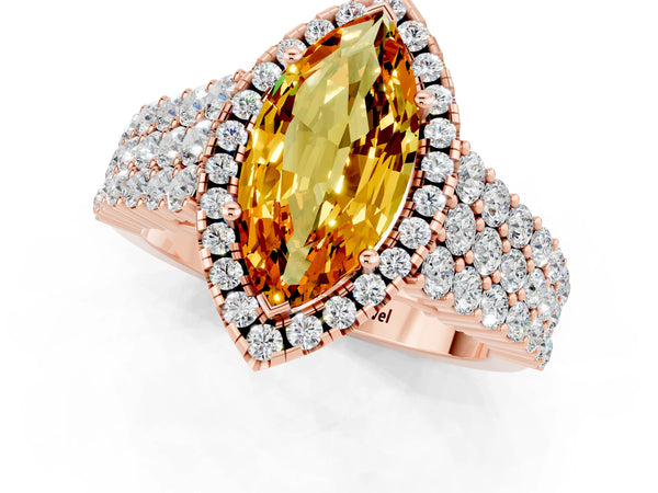 Rose gold Marquise Cut Citrine Halo Engagement Ring with Triple Row Round Pavé Band and Prong Setting