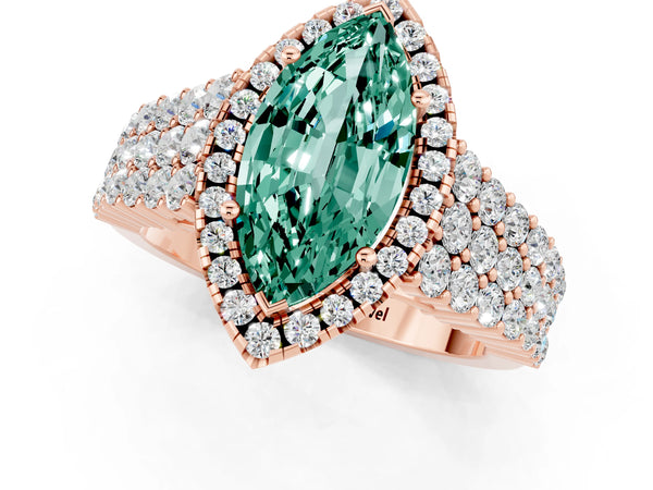Rose gold Marquise Cut Green Sapphire Halo Engagement Ring with Triple Row Round Pavé Band and Prong Setting