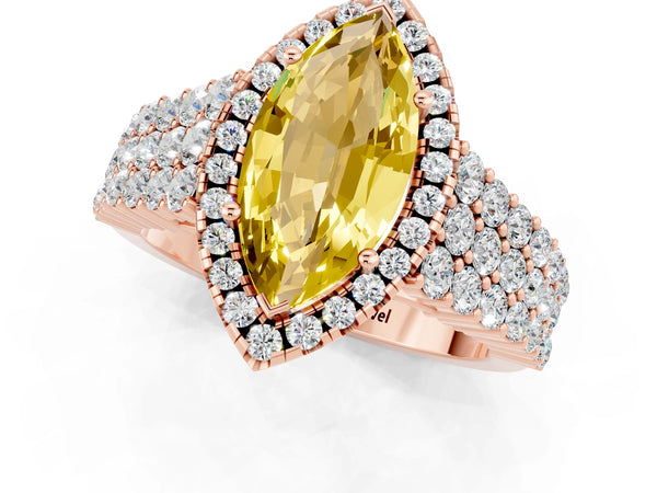 Rose gold Marquise Cut Yellow Sapphire Halo Engagement Ring with Triple Row Round Pavé Band and Prong Setting