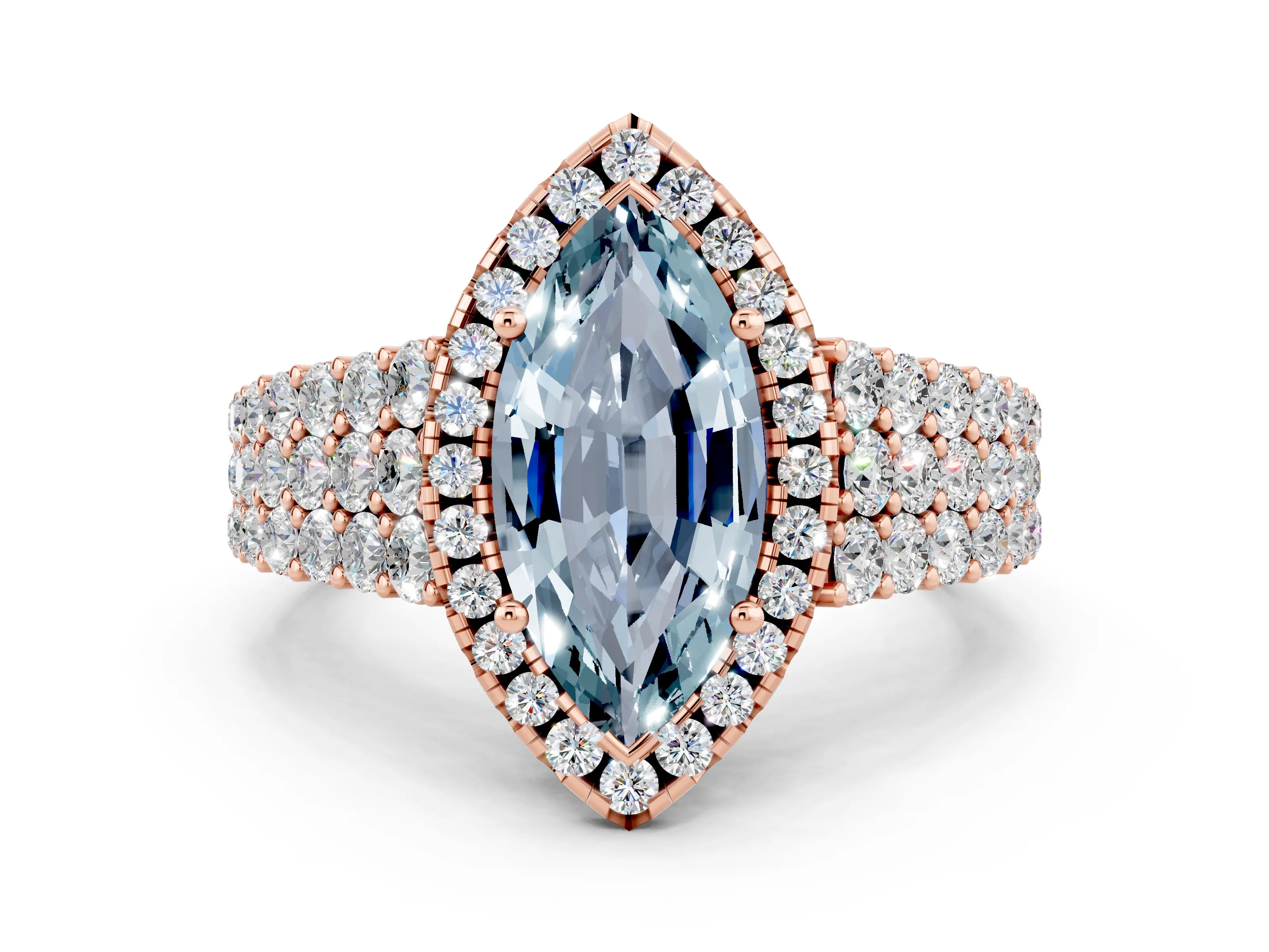 Rose gold Marquise Cut Halo Pavé Diamond Engagement Ring with Split Shank and Four-Prong Setting