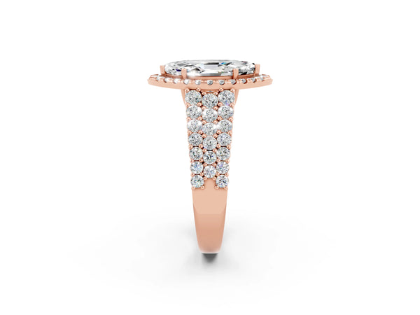 Rose gold Marquise Cut Moissanite Halo Engagement Ring with Triple Row Round Pavé Band and Prong Setting