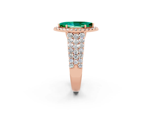 Rose gold Marquise Cut Emerald Halo Engagement Ring with Triple Row Round Pavé Band and Prong Setting