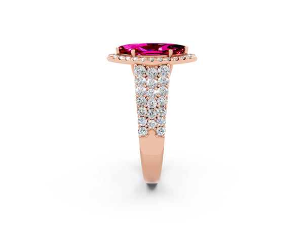 Rose gold Marquise Cut Garnet Halo Engagement Ring with Triple Row Round Pavé Band and Prong Setting
