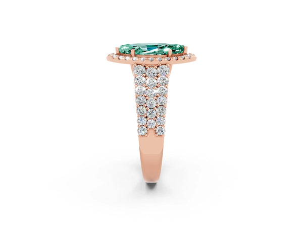 Rose gold Marquise Cut Green Sapphire Halo Engagement Ring with Triple Row Round Pavé Band and Prong Setting
