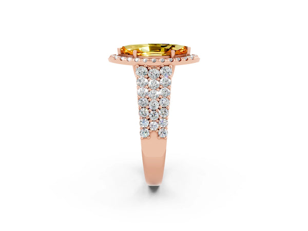 Rose gold Marquise Cut Citrine Halo Engagement Ring with Triple Row Round Pavé Band and Prong Setting