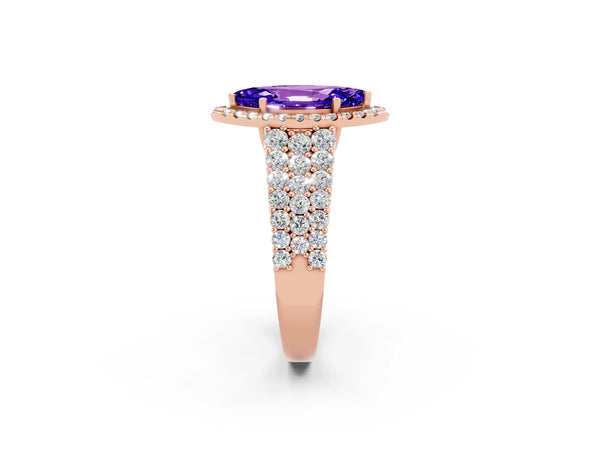 Rose gold Marquise Cut Tanzanite Halo Engagement Ring with Triple Row Round Pavé Band and Prong Setting