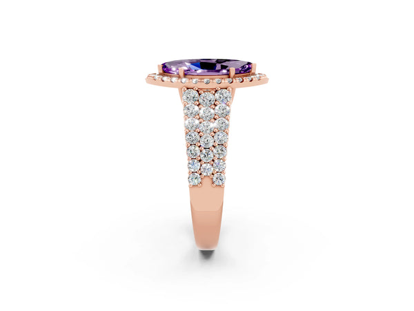 Rose gold Marquise Cut Amethyst Halo Engagement Ring with Triple Row Round Pavé Band and Prong Setting
