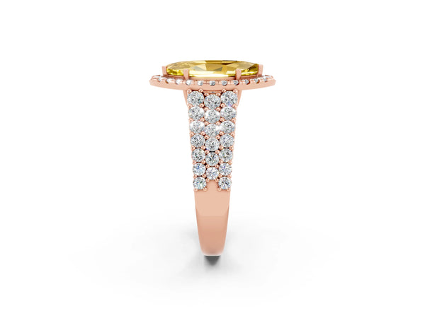 Rose gold Marquise Cut Yellow Sapphire Halo Engagement Ring with Triple Row Round Pavé Band and Prong Setting