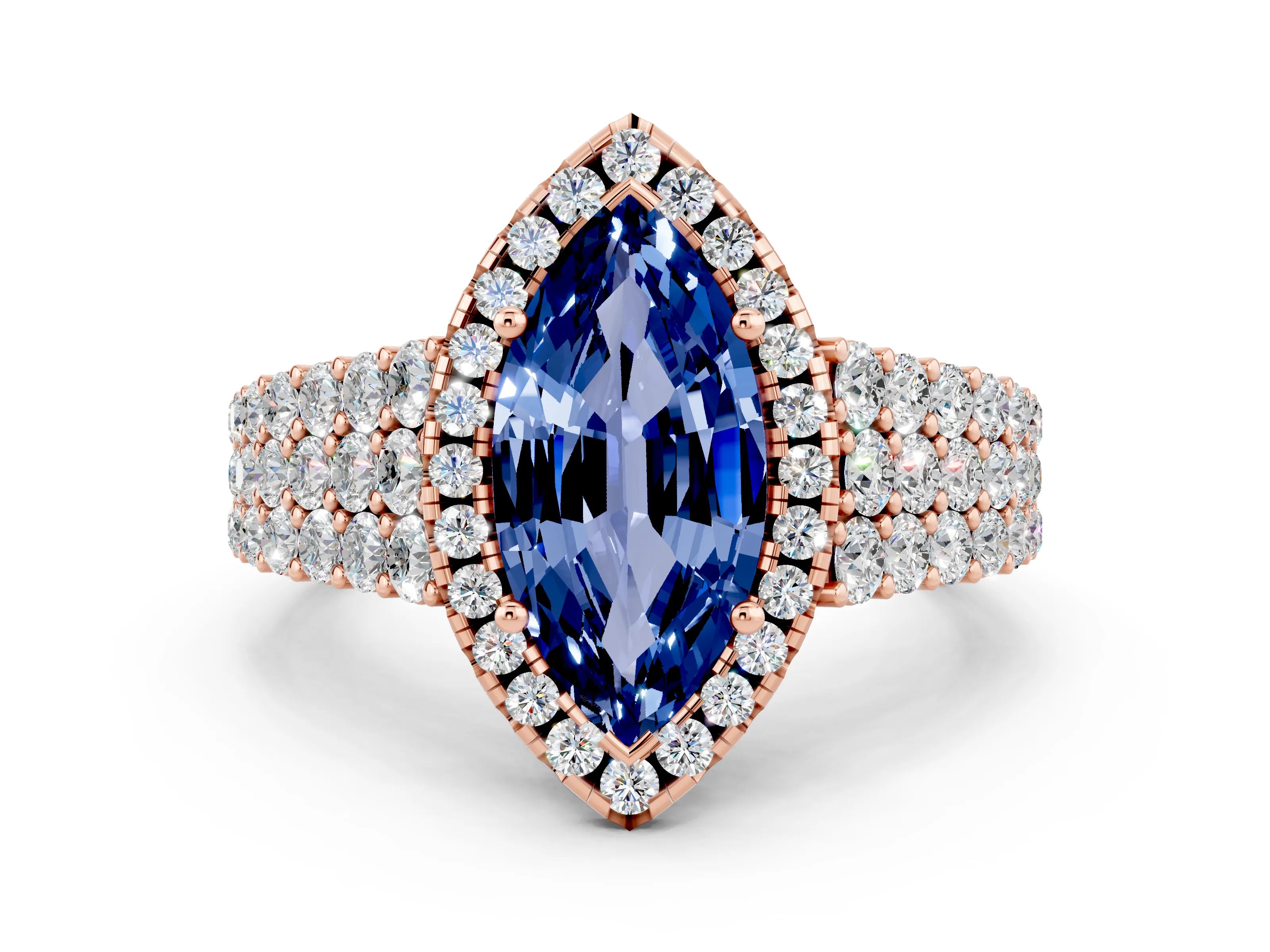 Rose gold Marquise Cut Halo Pavé Diamond Engagement Ring with Split Shank and Four-Prong Setting