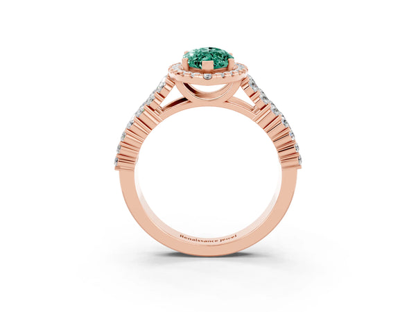 Rose gold Marquise Cut Green Sapphire Halo Engagement Ring with Triple Row Round Pavé Band and Prong Setting