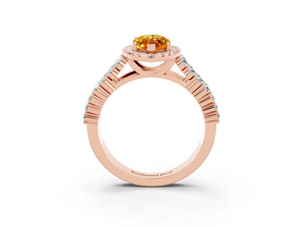 Rose gold Marquise Cut Citrine Halo Engagement Ring with Triple Row Round Pavé Band and Prong Setting