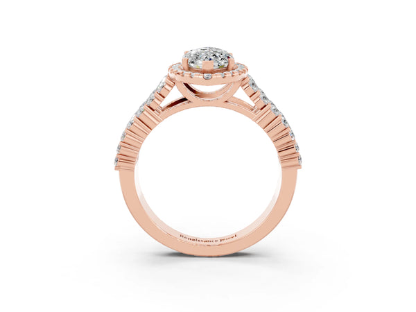 Rose gold Marquise Cut Moissanite Halo Engagement Ring with Triple Row Round Pavé Band and Prong Setting