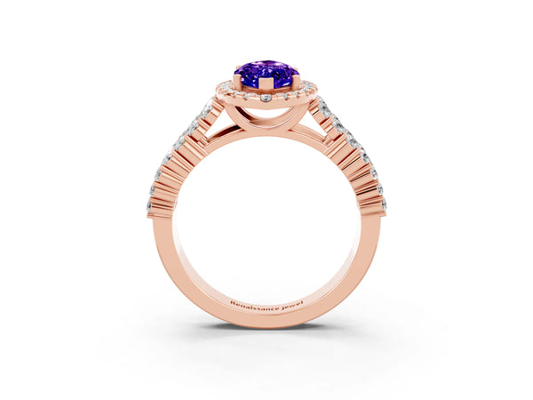 Rose gold Marquise Cut Tanzanite Halo Engagement Ring with Triple Row Round Pavé Band and Prong Setting