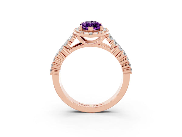 Rose gold Marquise Cut Amethyst Halo Engagement Ring with Triple Row Round Pavé Band and Prong Setting