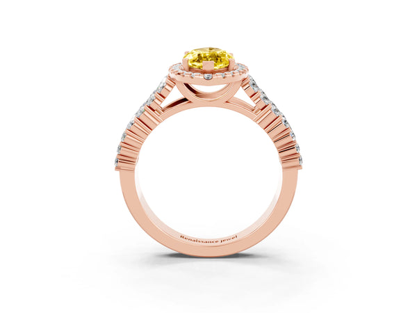 Rose gold Marquise Cut Yellow Sapphire Halo Engagement Ring with Triple Row Round Pavé Band and Prong Setting