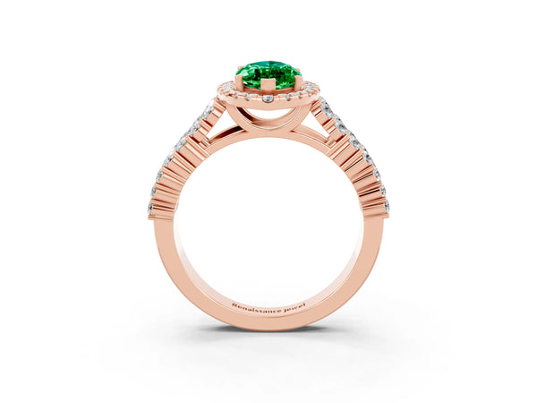 Rose gold Marquise Cut Emerald Halo Engagement Ring with Triple Row Round Pavé Band and Prong Setting