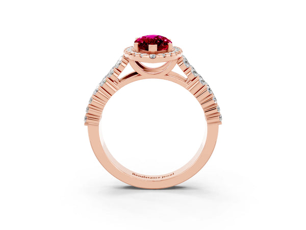 Rose gold Marquise Cut Garnet Halo Engagement Ring with Triple Row Round Pavé Band and Prong Setting
